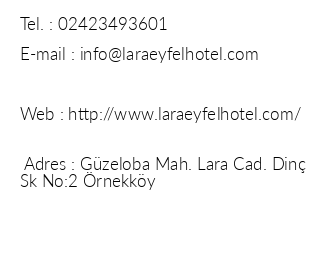 Lara Eyfel Hotel iletiim bilgileri